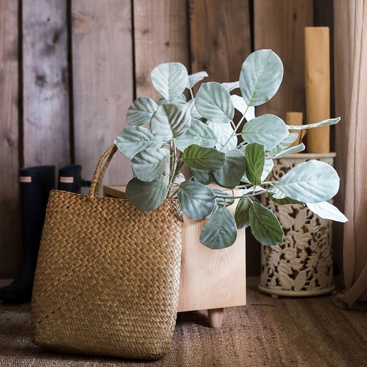 Artificial Faux Large Dans Leaf Stem Plant by RusticReach with leaves in a woven basket on Tampa Home & Garden Store