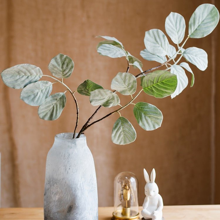 RusticReach artificial large Dans leaf stem plant with dusty green leaves in a gray vase on Tampa Home & Garden Store