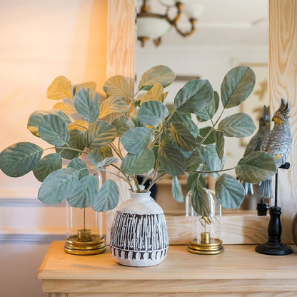 Artificial Faux Large Dans Leaf Stem Plant in a white ceramic vase with blue-green leaves on Tampa Home & Garden Store