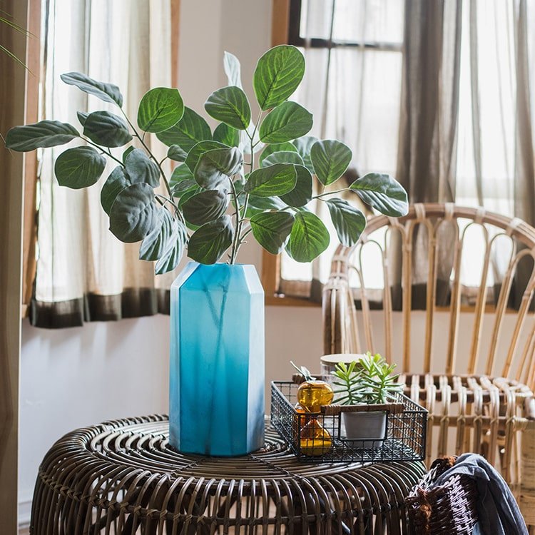 Artificial Faux Dans Leaf Stem Plant in a blue geometric vase with green leaves RusticReach on Tampa Home & Garden Store