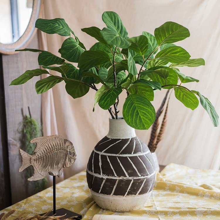 Artificial Faux Large Dans Leaf Stem Plant RusticReach in a two-tone striped ceramic vase on Tampa Home & Garden Store