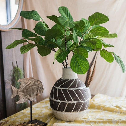 Artificial Faux Large Dans Leaf Stem Plant RusticReach in a two-tone striped ceramic vase on Tampa Home & Garden Store