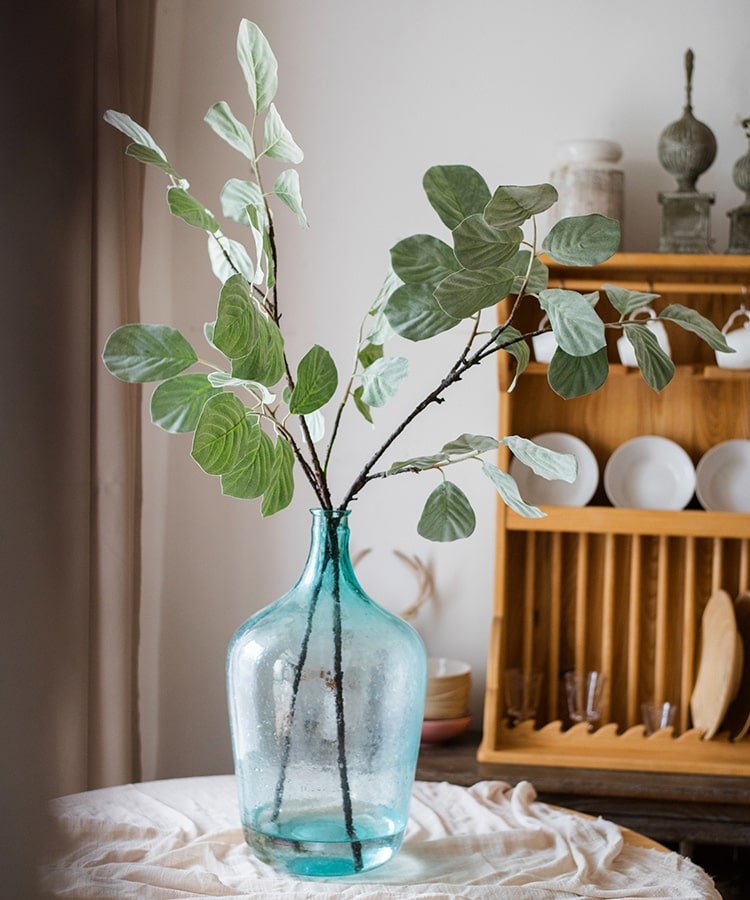 Artificial Faux Large Dans Leaf Stem Plant in teal glass vase RusticReach on Tampa Home & Garden Store