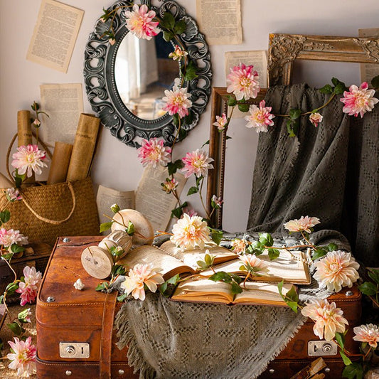 Artificial dahlia flower vine 59 inches by RusticReach with pink blossoms on a vintage trunk decor on Tampa Home & Garden Store