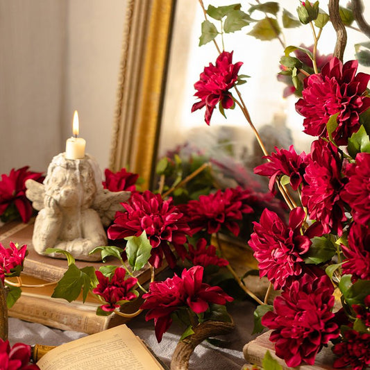 Artificial Dahlia flower vine 59-inch long with red blooms and green leaves garland on Tampa Home & Garden Store