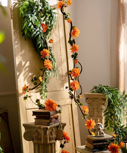 Artificial dahlia flower vine 59-inch long, orange blooms, garden decor accent on Tampa Home & Garden Store