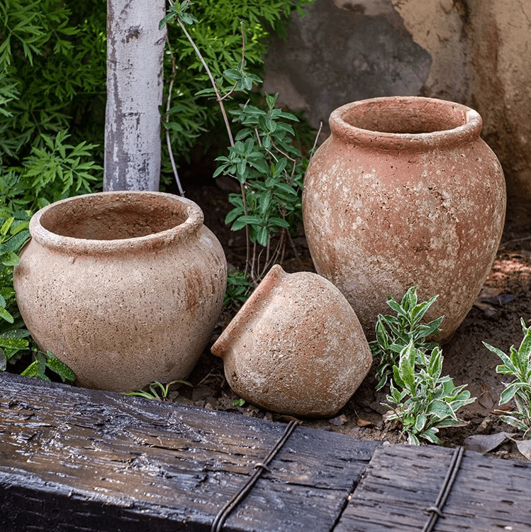 Distressed cement plant pots set of 3 in earthy terracotta tones on Tampa Home & Garden Store
