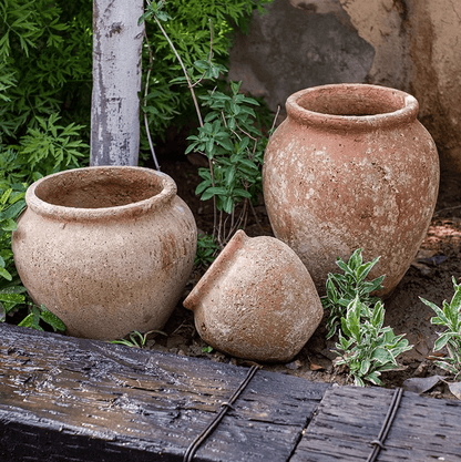 Distressed cement plant pots set of 3 in earthy terracotta tones on Tampa Home & Garden Store