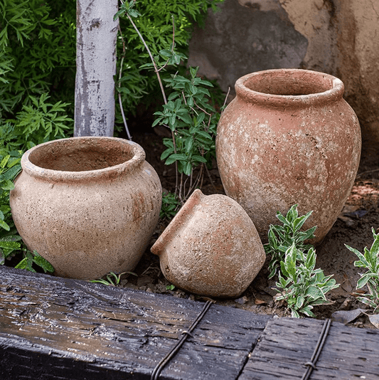 Distressed cement plant pots set of 3 in earthy terracotta tones on Tampa Home & Garden Store