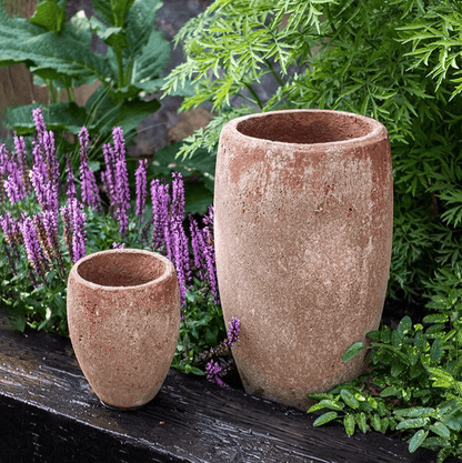 Distressed cement plant pots by RusticReach, tall and small sizes, weathered terracotta look on Tampa Home & Garden Store