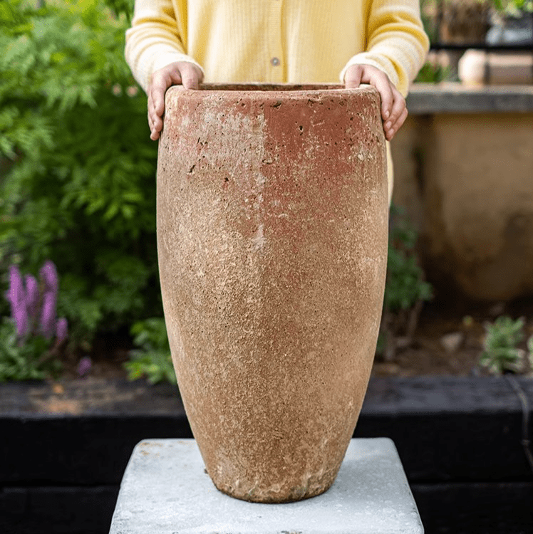 Distressed cement plant pot tall RusticReach beige-brown on Tampa Home & Garden Store