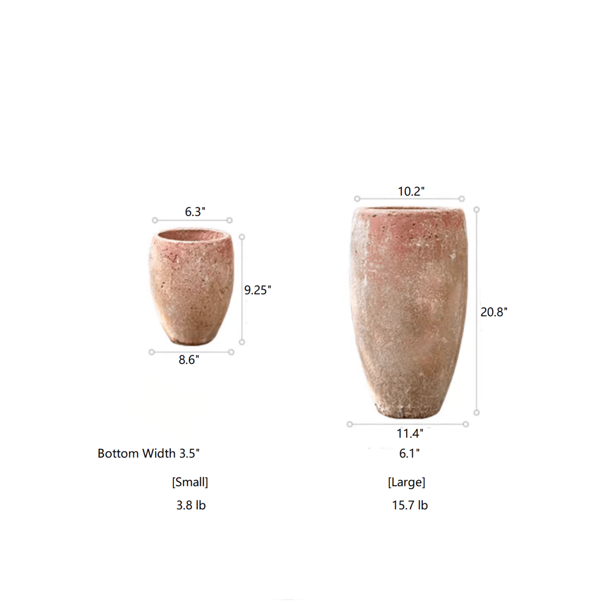 Two distressed cement plant pots tall and small by RusticReach with weathered terracotta finish on Tampa Home & Garden Store