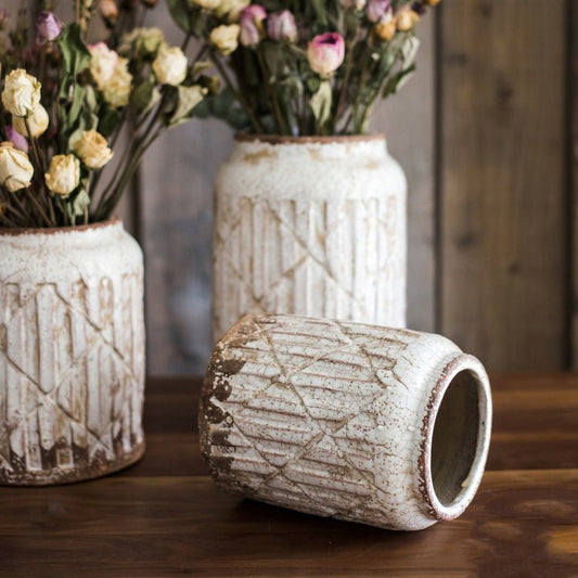 Distressed white ceramic flower jar vases set of 3 with crackle glaze by RusticReach on Tampa Home & Garden Store