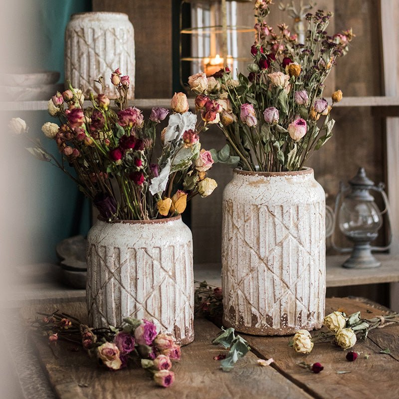 Distressed white ceramic flower jar vases (2) with geometric pattern, RusticReach on Tampa Home & Garden Store