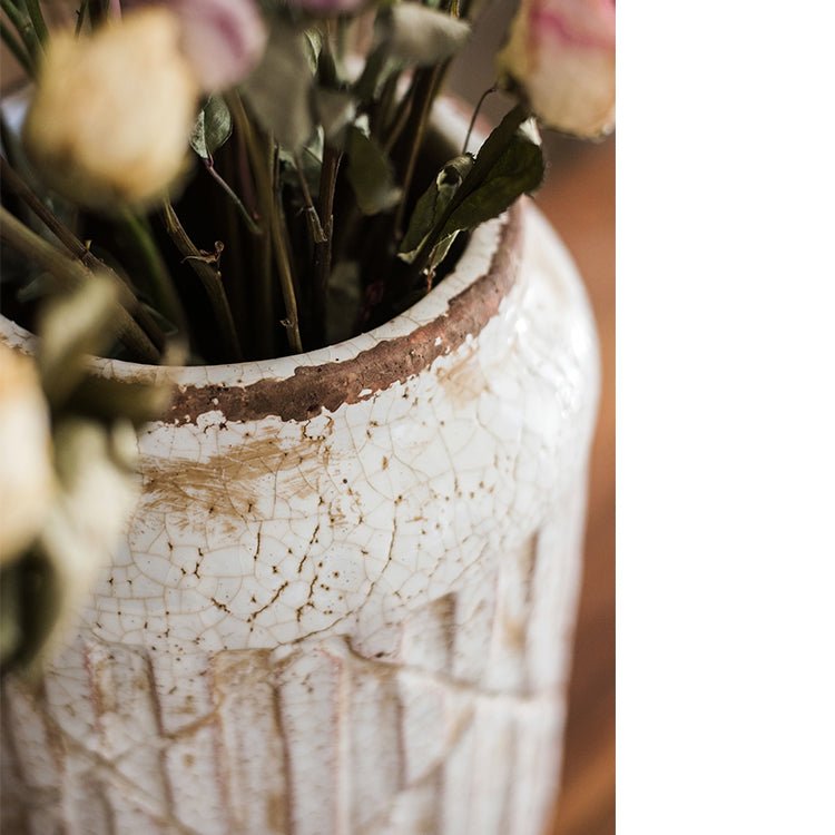 Distressed white ceramic flower jar vase with crackled glaze and brown rim by RusticReach on Tampa Home & Garden Store