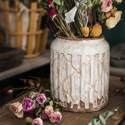 Distressed white ceramic flower jar vase by RusticReach with carved geometric relief on Tampa Home & Garden Store