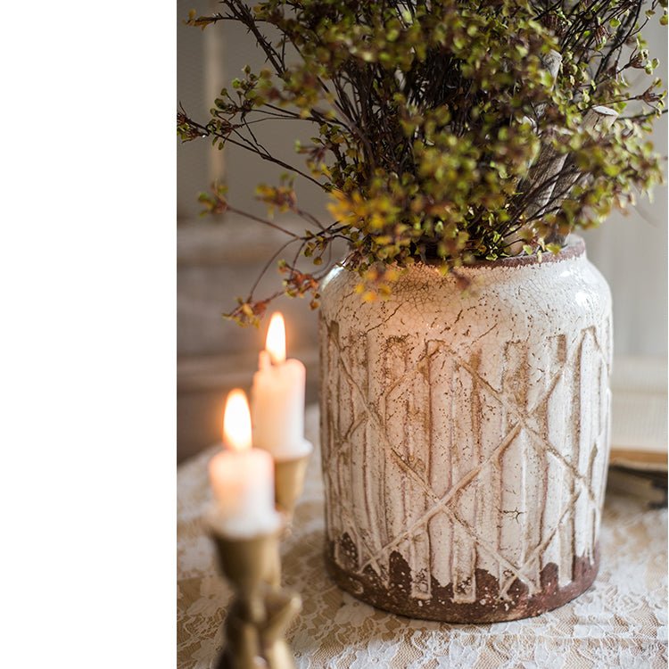 Distressed white ceramic flower jar vase by RusticReach with carved lattice pattern on Tampa Home & Garden Store