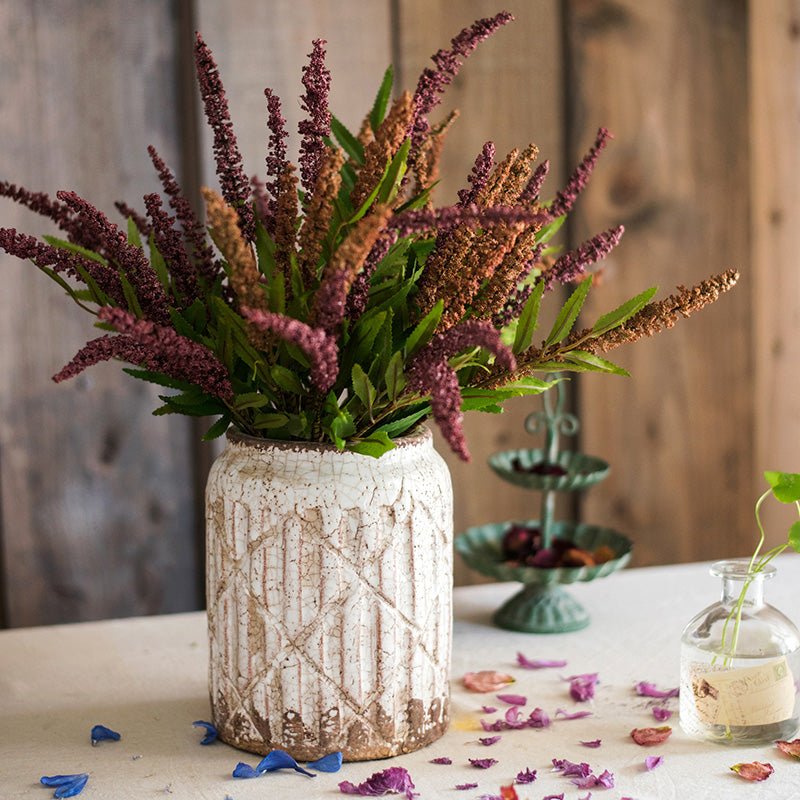 Distressed White Ceramic Flower Jar Vase by RusticReach with crackled finish and greenery bouquet on Tampa Home & Garden Store