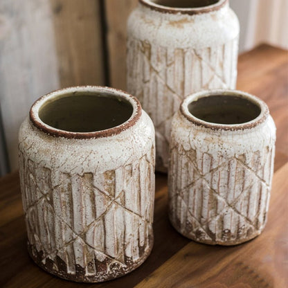 Distressed white ceramic flower jar vases set of 3 by RusticReach with geometric pattern on Tampa Home & Garden Store
