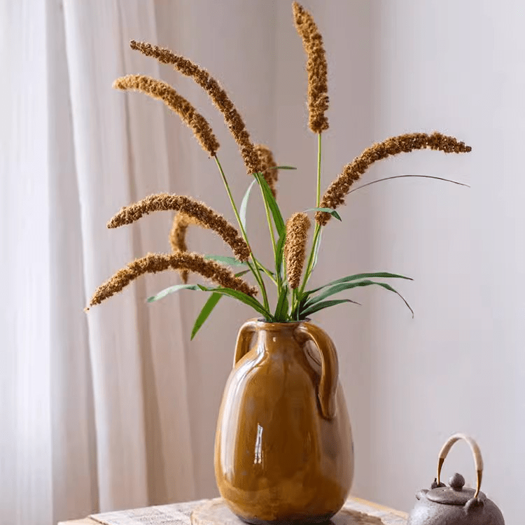 Three-Headed Dogtail Grass Stem 39 Tall in brown glazed pitcher with tan plumes RusticReach on Tampa Home & Garden Store