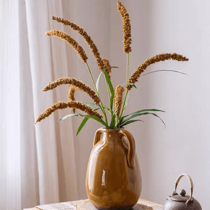 Three-Headed Dogtail Grass Stem 39 Tall in brown glazed pitcher with tan plumes RusticReach on Tampa Home & Garden Store