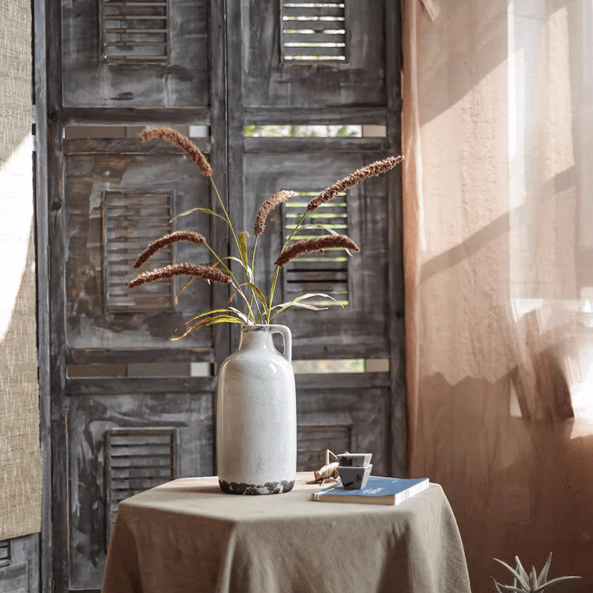 Three-Headed Dogtail Grass Stem, 39 inches tall, RusticReach, in a ceramic pitcher on a table on Tampa Home & Garden Store