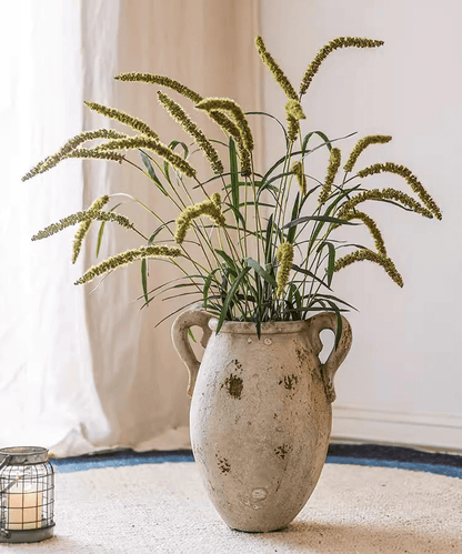 Three-Headed Dogtail Grass Stem 39 inches tall in weathered ceramic urn with green plumes RusticReach on Tampa Home & Garden Store