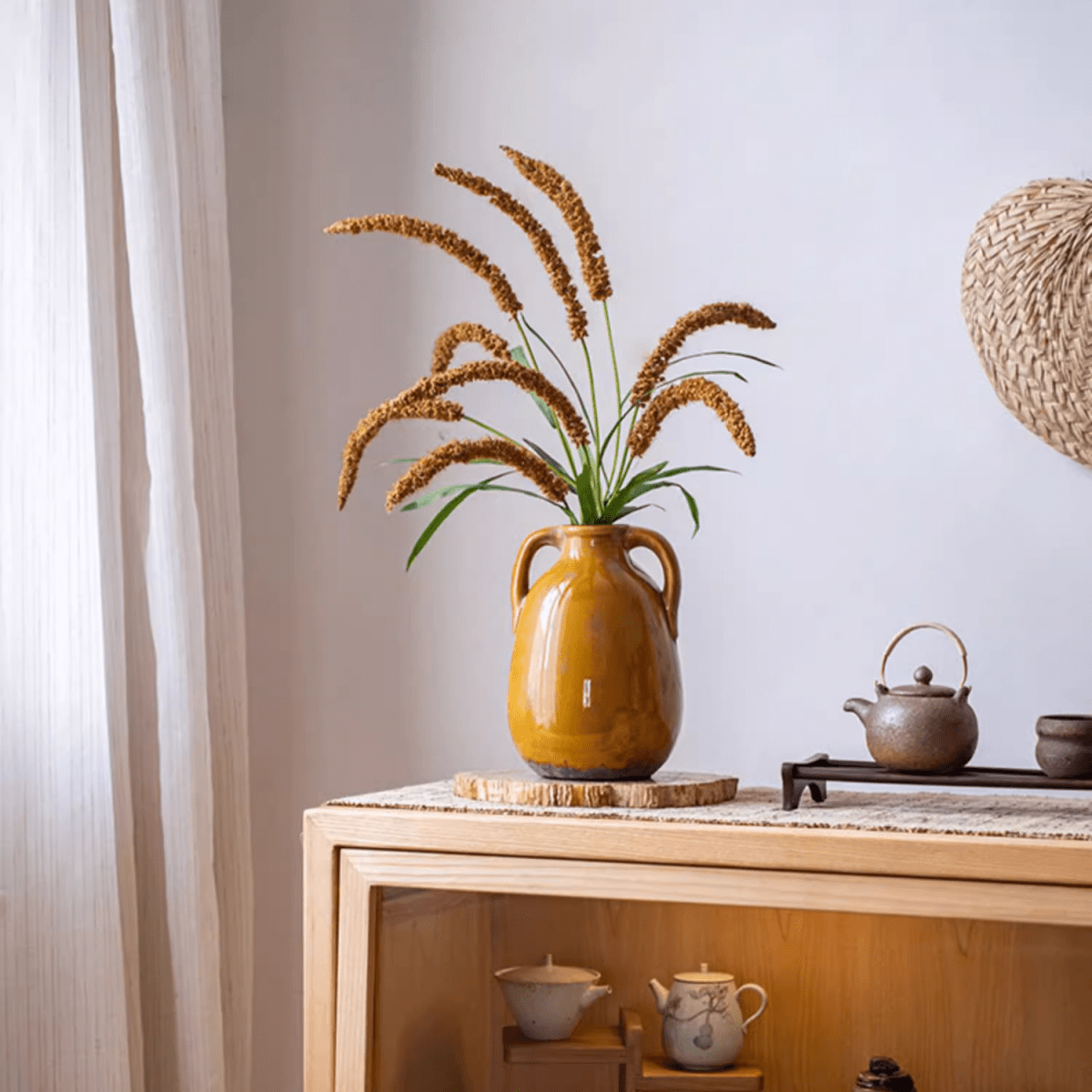 Three-Headed Dogtail Grass Stem 39in tall in amber ceramic vase by RusticReach on Tampa Home & Garden Store