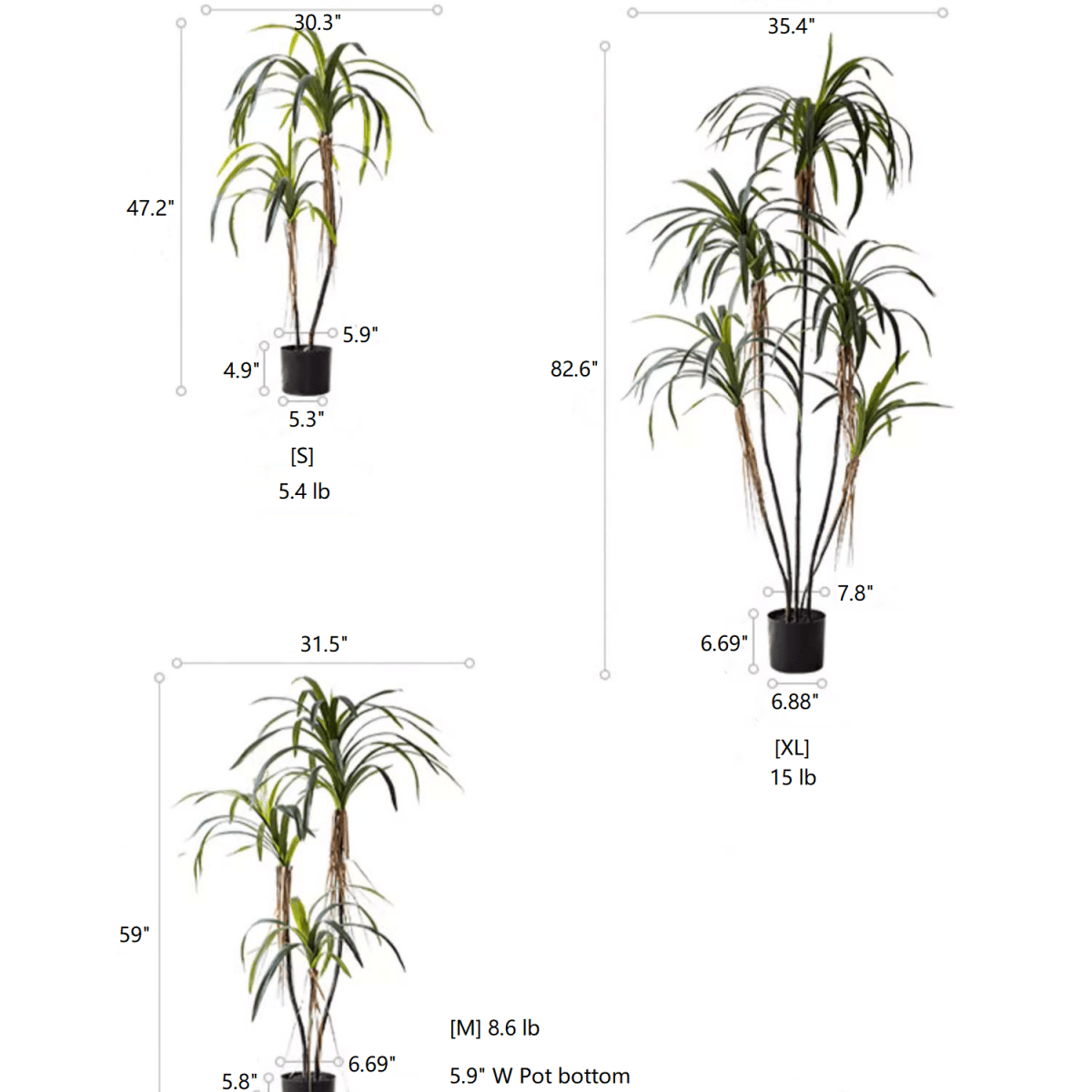 RusticReach Artificial Dracaena Tree in black pot with green fronds available in S, M, XL on Tampa Home & Garden Store