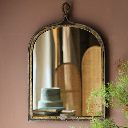 Antique style dark iron mirror with an arched frame and rustic patina by RusticReach on Tampa Home & Garden Store
