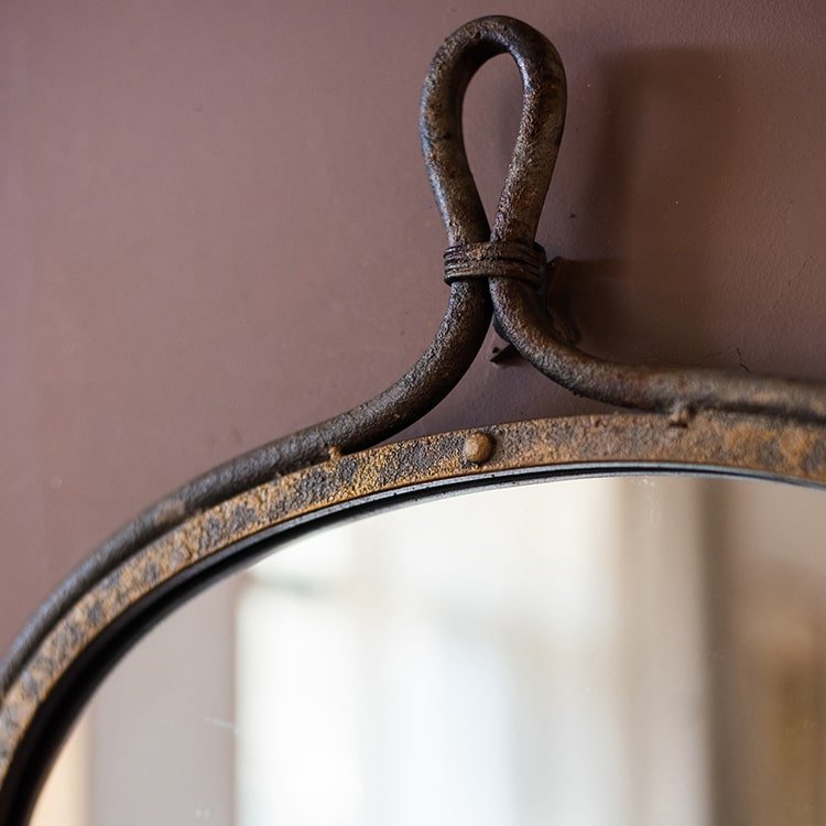Antique Style Dark Iron Mirror with rustic patina and looped hanger detail on Tampa Home & Garden Store