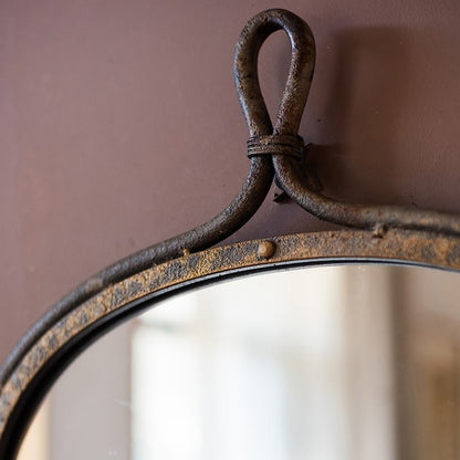 Antique Style Dark Iron Mirror with rustic patina and looped hanger detail on Tampa Home & Garden Store