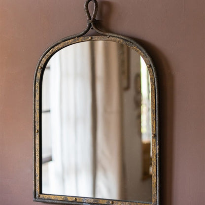 Antique Style Dark Iron Mirror RusticReach with arched riveted frame and top loop hanger on Tampa Home & Garden Store
