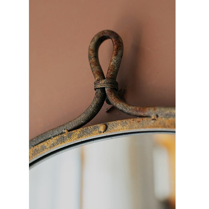 Antique Style Dark Iron Mirror with rusted iron frame and loop detail on Tampa Home & Garden Store