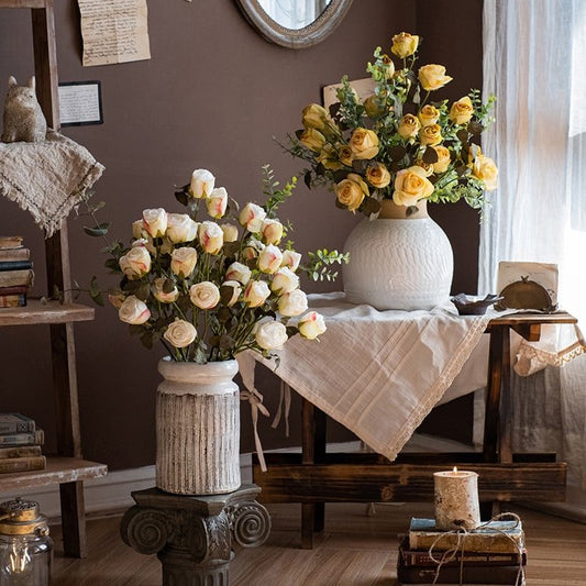 RusticReach artificial silk rose stems, white and yellow, 23in tall, in two vases on Tampa Home & Garden Store