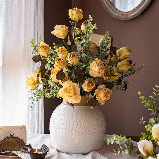 RusticReach artificial yellow dry rose stem bouquet in a white textured vase, 23in tall on Tampa Home & Garden Store