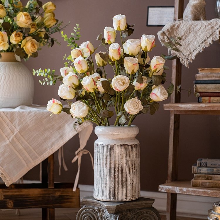 Artificial faux silk white cream rose stem arrangement, 23" tall in rustic vase by RusticReach on Tampa Home & Garden Store