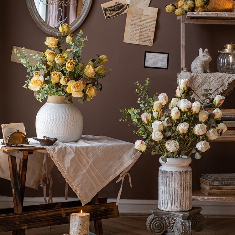 Artificial silk dry rose stem, 23 inches tall, RusticReach, white or yellow, in two vases on Tampa Home & Garden Store
