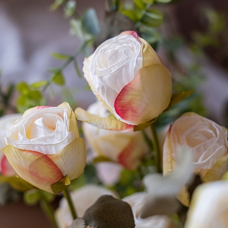 Faux silk dry rose stem 23in tall, white petals with yellow-tinted outer petals, RusticReach on Tampa Home & Garden Store