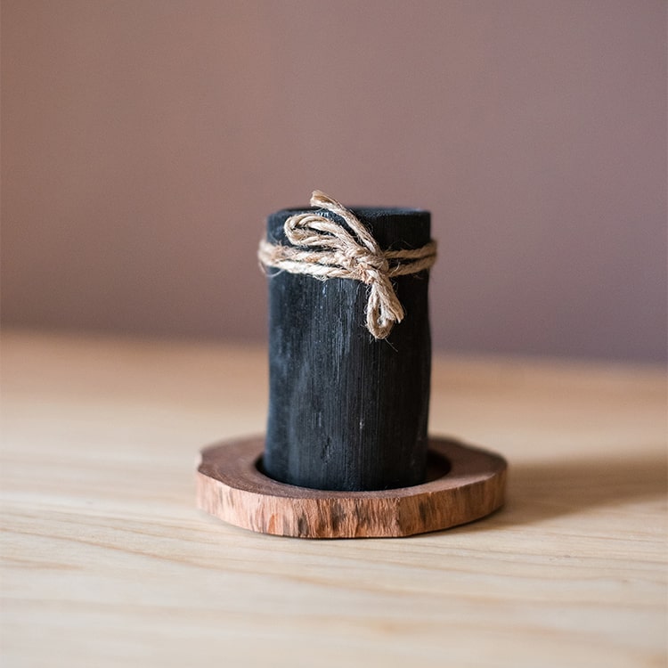 Desktop charcoal planter on a round wooden tray with a twine bow on Tampa Home & Garden Store