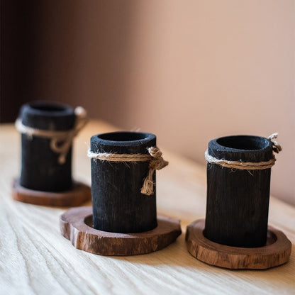 Desktop Charcoal Planter Wood Tray 3-pack black planters with jute rope on wood coasters on Tampa Home & Garden Store