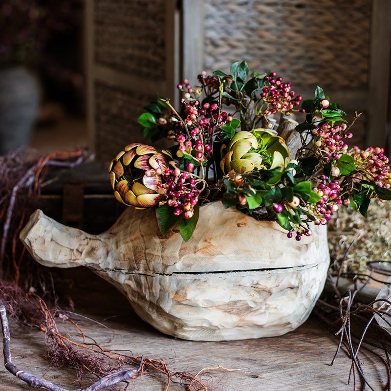 Rose Purple Elder Flower Leaf Bunch 22in tall in a natural wood shell vase RusticReach on Tampa Home & Garden Store