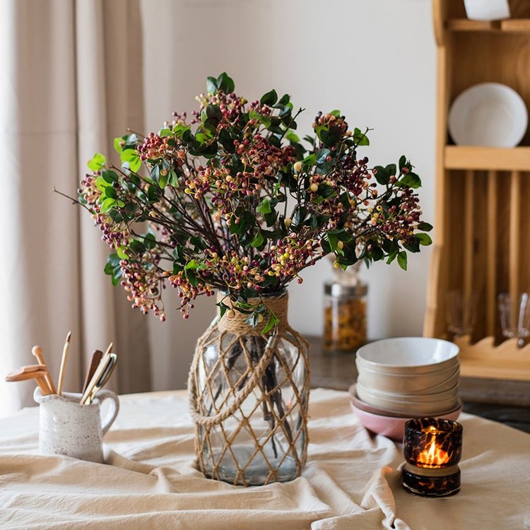 Rose Purple Elder Flower Leaf Bunch, 22in tall in a rope-wrapped glass vase RusticReach on Tampa Home & Garden Store