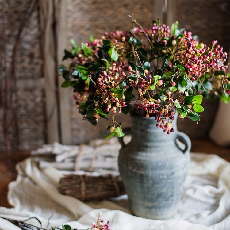 Rose Purple Elder Flower Leaf Bunch 22 inches tall by RusticReach in a gray ceramic pitcher with pink berry clusters on Tampa Home & Garden Store