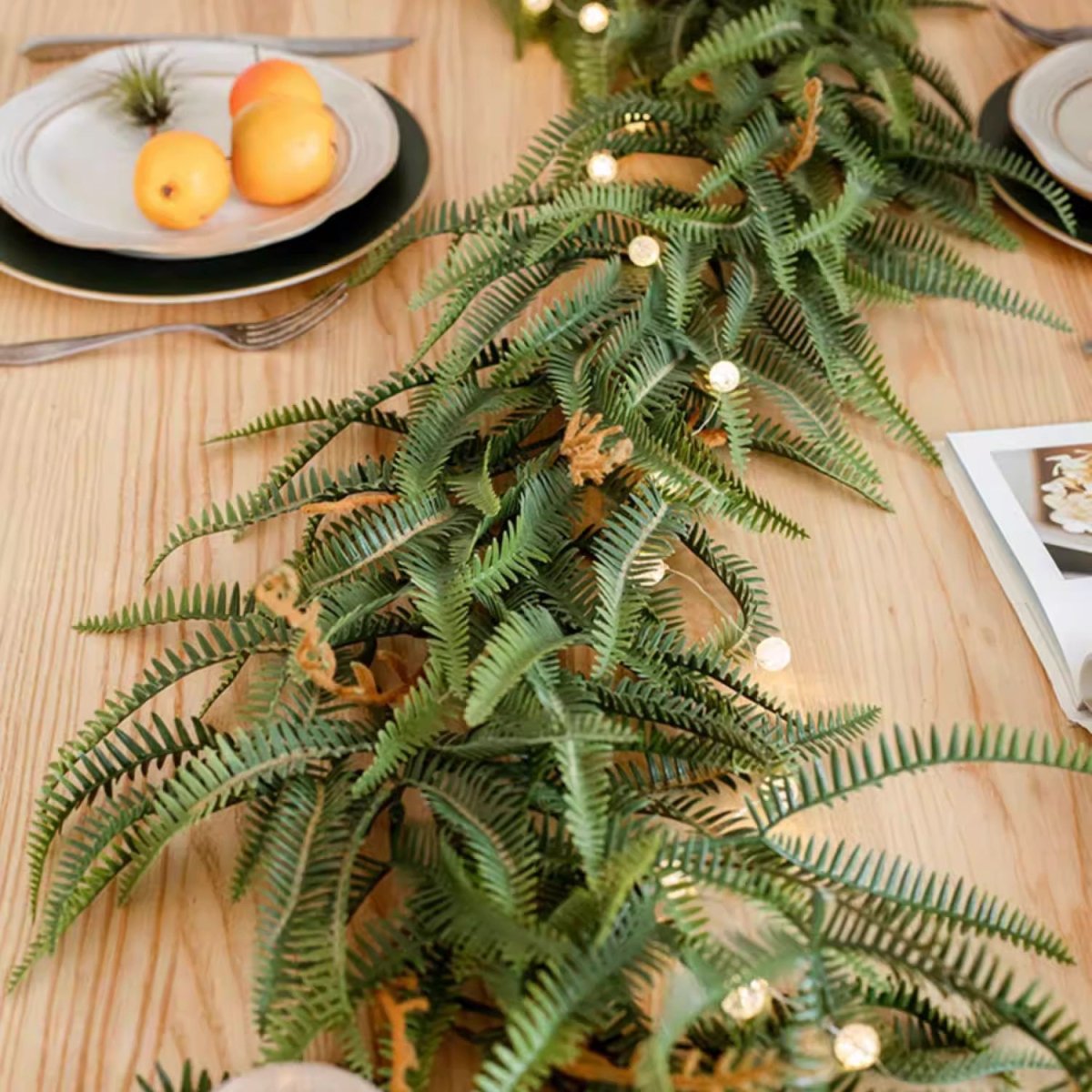 Evergreen Fern Garland and Wreath with warm LED lights on a wooden table RusticReach on Tampa Home & Garden Store