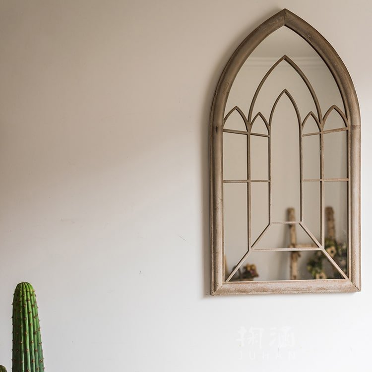 Rustic French Art Mirror, arched cathedral-metal frame with antique bronze finish on Tampa Home & Garden Store