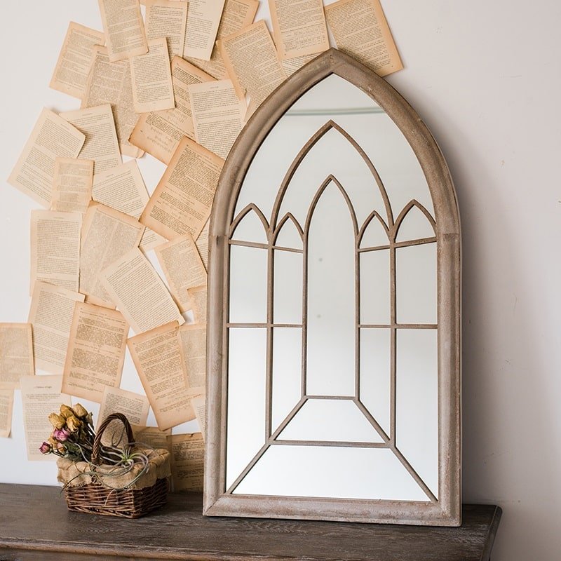 Rustic French Art Mirror by RusticReach; weathered grey metal arched frame with Gothic windows on Tampa Home & Garden Store