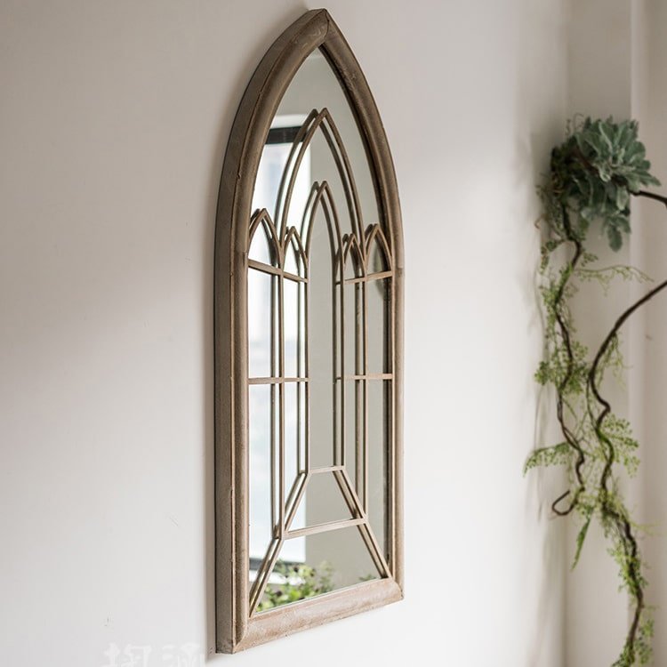 Rustic French Art Mirror with weathered wood frame and arched window grille by RusticReach on Tampa Home & Garden Store