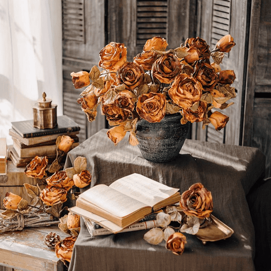 French Dried Look Faux Rose Stem 26in Tall RusticReach in pot with orange-brown roses on Tampa Home & Garden Store