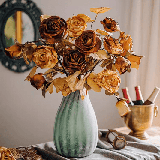 French Dried Look Faux Rose Stem 26-inch tall in RusticReach vase with brown petals on Tampa Home & Garden Store